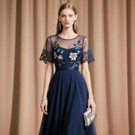 Navy Blue Lace Sequin Short-Sleeve A-Line Evening Gown for Formal Events