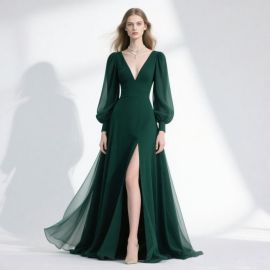 Emerald Green Chiffon Deep V-Neck Puff Sleeve High Slit Evening Dress
