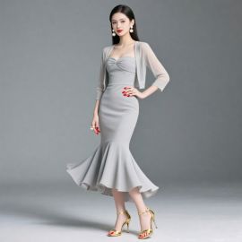 Elegant Gray Mermaid Dress with Sheer Cardigan - Formal Evening Wear