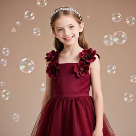 Burgundy Kids Flower - Embellished Sleeveless Formal Party Dress