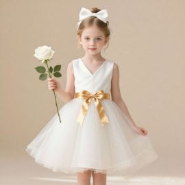 Elegant Kids White Tulle Dress with Gold Bow Sash - Perfect Party Gown