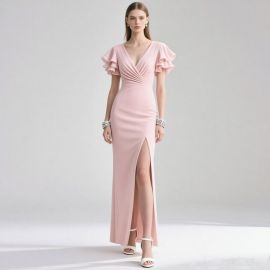Elegant Pink Evening Gown: V-Neck Ruffled Sleeves & High Slit Long Formal Dress