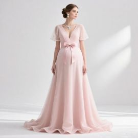 Elegant Pink Chiffon Gown with Butterfly Sleeves & Bow Belt - Formal Evening Dress