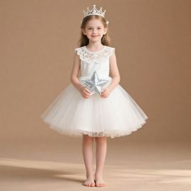 Adorable Kids White Lace Collar Tulle Dress - Perfect for Party & Wedding Flower Girl
