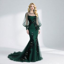 Emerald Green Mermaid Evening Gown: Long Sleeves, Lace & Sequins - Formal Dress