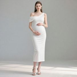 Elegant White One - Shoulder Maternity Dress for Pregnant Women