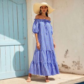 Bohemian Off - Shoulder Gingham Check Ruffled Maxi Dress for Summer