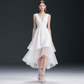 Elegant White Sleeveless V-Neck High-Low Layered Tulle Dress for Women