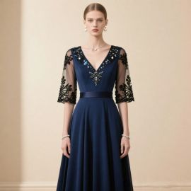 Navy Blue Embroidered Lace Sequined Evening Gown - Elegant Formal Dress