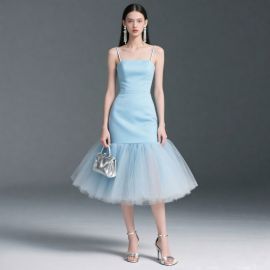 Light Blue Spaghetti Strap Mermaid Tulle Dress - Elegant Party Evening Gown