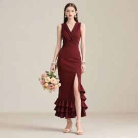Burgundy Sleeveless V-Neck Cross-Over High Slit Ruffled Hem Evening Dress