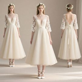 Elegant Tea - Length Wedding Dress with Lace Sleeves & Deep V - Neck Open Back Design
