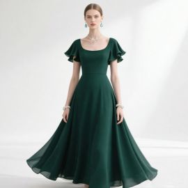 Elegant Emerald Green Square Neck Flounce Sleeve Maxi Dress