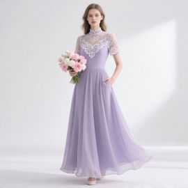 Lavender High - Neck Lace Maxi Dress with Short Sleeves for Women