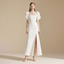 Chic White Long Dress: Puff Sleeves, Square Neck & High Slit Formal Gown