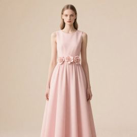Elegant Pink Sleeveless Maxi Dress with Floral Waistband - Chic Evening Wear