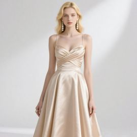 Elegant Champagne Satin Cross-Strap A-Line Gown | Perfect for Weddings & Special Occasions