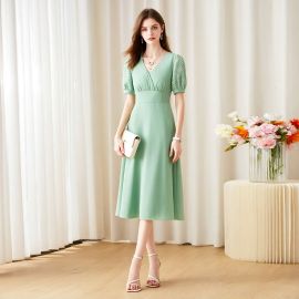 Mint Green V-Neck Puff Sleeve Midi Dress - Elegant Summer Fashion