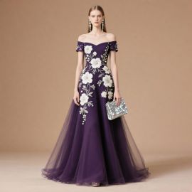 Elegant Purple Off - Shoulder Gown with 3D Floral Embroidery & Tulle Skirt