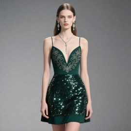 Emerald Green Sequined Embroidered Spaghetti Strap Mini Dress - Chic Party Evening Gown