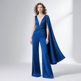 Royal Blue Cape Jumpsuit: Elegant Evening Party Outfit for Women