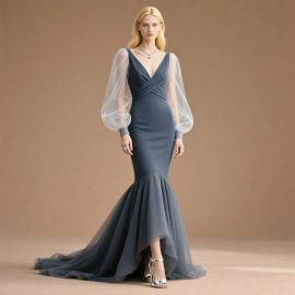 Elegant Mermaid Evening Gown: Sheer Puffed Sleeves, V-Neck Cross Design