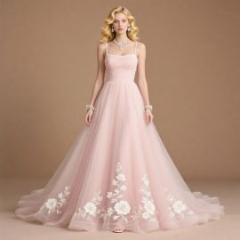 Pink Tulle Spaghetti Strap Gown with Floral Embroidery | Elegant Evening Dress