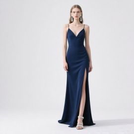 Elegant Navy Blue Spaghetti Strap Maxi Dress with High Side Slit - Formal Evening Gown