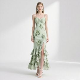 Sage Green Floral Print Spaghetti Strap Ruched Bodice High-Low Hem Slit Maxi Dress