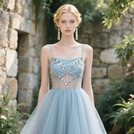 Elegant Light Blue Beaded Spaghetti Strap Tulle Evening Gown