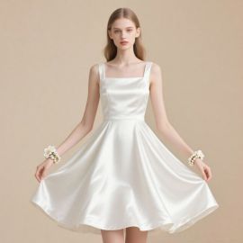 Elegant White Satin Short Dress Square Neck A - Line Skirt Wedding Party Guest Gown