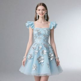 Light Blue Square Neck Sequined Floral Party Dress with Ruffled Straps - Elegant Evening Gown