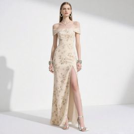 Elegant Off - Shoulder Floral Print High Slit Evening Gown