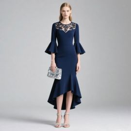 Navy Blue Lace Neckline Flared Sleeve High-Low Hem Bodycon Evening Dress