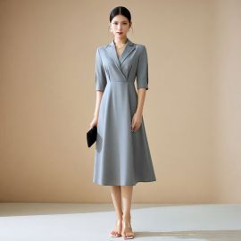 Elegant Gray Blazer Collar Midi Dress for Women - Office & Party Wear