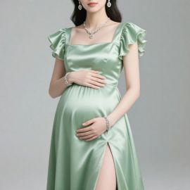 Elegant Mint Green Maternity Satin Dress with Ruffled Straps & High Slit