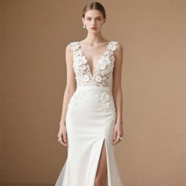 Elegant Deep V-Neck Wedding Dress with Floral Lace Appliques & High Slit