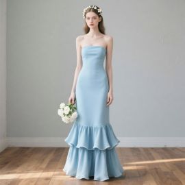 Light Blue Strapless Mermaid Gown with Ruffled Hem - Elegant Formal Dress