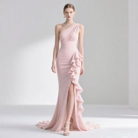 Elegant Pink One - Shoulder Gown with Ruffles & High Slit Evening Dress