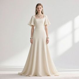 Elegant White A - Line Gown with Square Neck & Flutter Sleeves - Timeless Bridal/Evening Dress