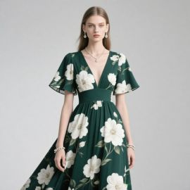 Elegant Emerald Green Floral Print Deep V-Neck Cinched Waist Maxi Dress