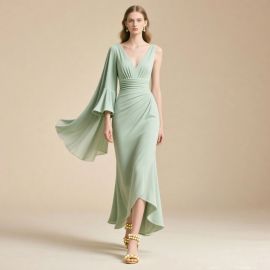 Elegant Light Green One - Shoulder Asymmetric Hem Long Dress