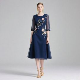 Elegant Navy Blue Midi Dress with Floral Embroidery & Sheer Sleeves
