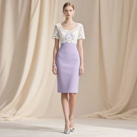 Elegant Lavender Pencil Dress with White Lace Top - Chic Office & Party Wear for Women
