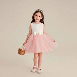Kids Pink Tulle Dress with Pearl Collar & Bow - Party Wedding Flower Girl Gown
