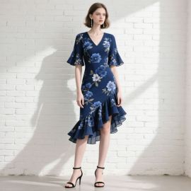 Navy Blue Floral Print V-Neck Dress with Flare Sleeves & Asymmetric Ruffle Hem