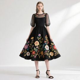 Elegant Black Midi Dress: Colorful Floral Embroidery & Sheer Puff Sleeves for Women