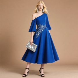 Elegant Royal Blue One - Shoulder Midi Dress with Crystal Embroidery