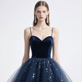 Elegant Navy Blue Velvet & Tulle Prom Dress with Sparkling Sequins