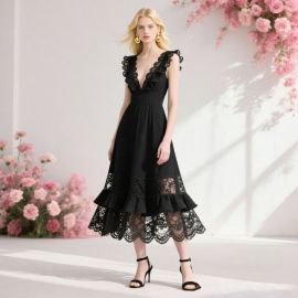 Elegant Black Lace Midi Dress: Deep V-Neck, Ruffled Sleeves & Hem - Chic Women's Fashion